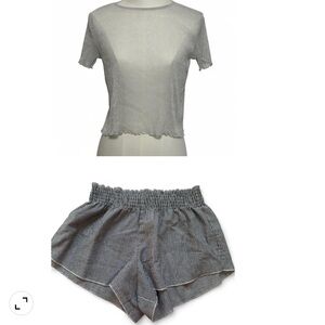 BRANDY MELVILLE BUNDLE - Sheer Metallic Silver Top and Striped Shorts Set